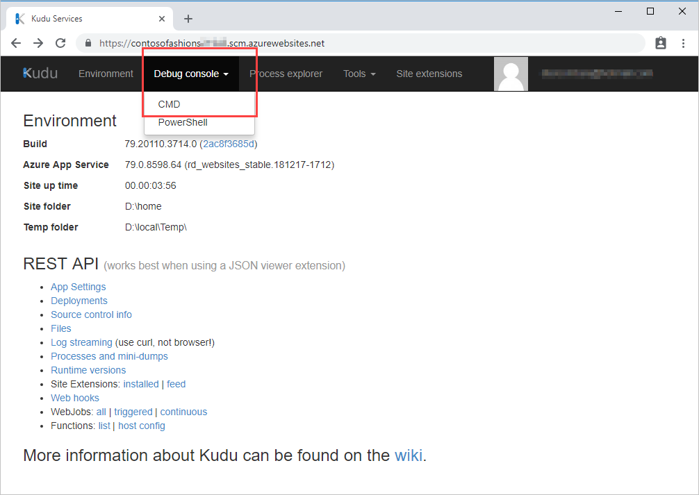 Screenshot of Kudu's environment page with a callout highlighting the Debug Console cmd menu option.