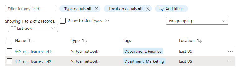 Screenshot of Azure portal showing virtual network resources with department tags.