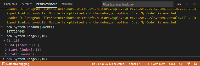Screenshot of Visual Studio Code debug console.