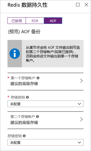 Azure 门户的屏幕截图，其中显示了新 Redis 缓存实例上的 AOF 暂留选项。