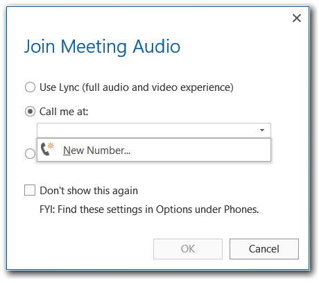 Lync 加入会议音频呼叫我窗口屏幕截图