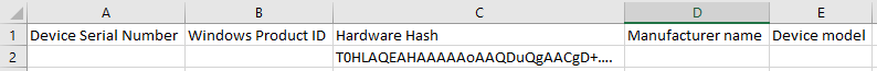 Excel 中 CSV 文件的屏幕截图，其中“硬件哈希”列中的哈希值。