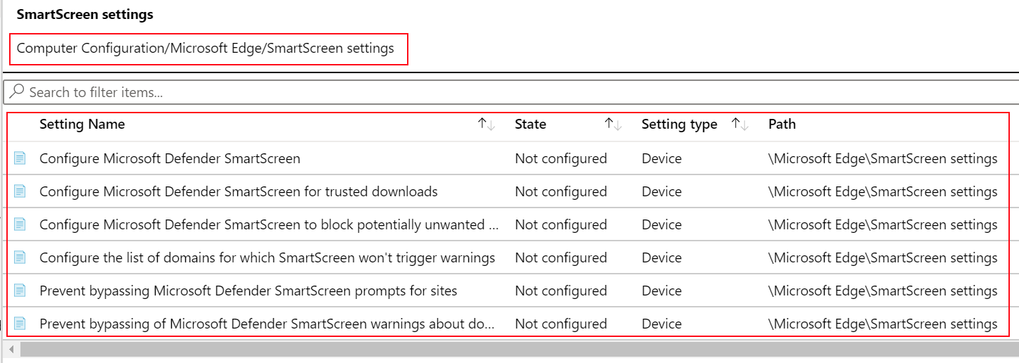 显示如何在 Microsoft Intune ADMX 模板中查看 Microsoft Edge SmartScreen 策略设置的屏幕截图。