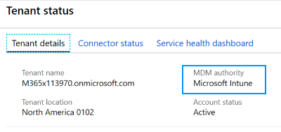 显示如何将 MDM 机构设置为租户状态中的Microsoft Intune的屏幕截图。