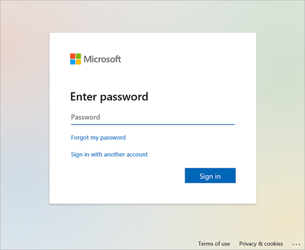 提示用户“输入密码”的 Microsoft 身份验证屏幕的示例图像。