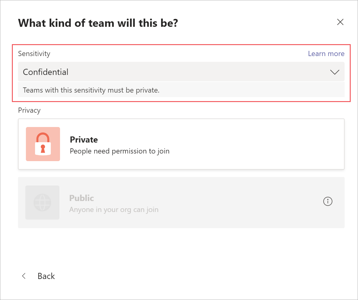 创建新团队时使用的隐私设置。