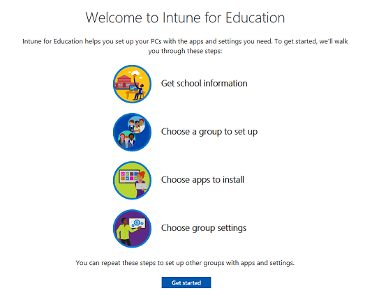 欢迎使用适用于教育的Intune开始屏幕的屏幕截图。
