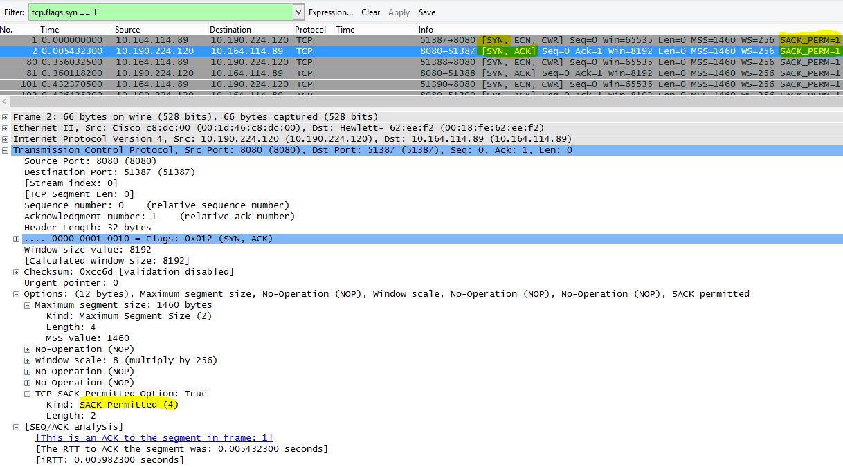如在 Wireshark 中所见，SACK 含有筛选器 tcp.flags.syn == 1。