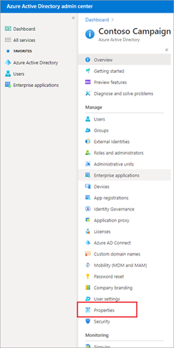 显示&quot;属性&quot;菜单项位置的 Azure Active Directory 管理中心的屏幕截图。