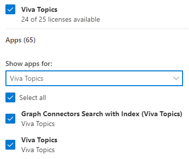 Microsoft 365 管理中心中的Microsoft Viva Topics许可证。