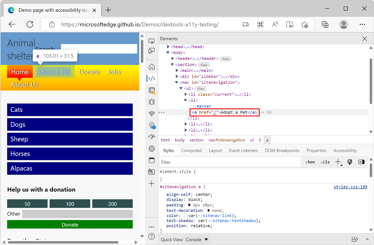 Microsoft Edge，包含 TODO 列表演示应用和 DevTools，其中显示了“元素”工具，其中选择了颜色对比度问题元素
