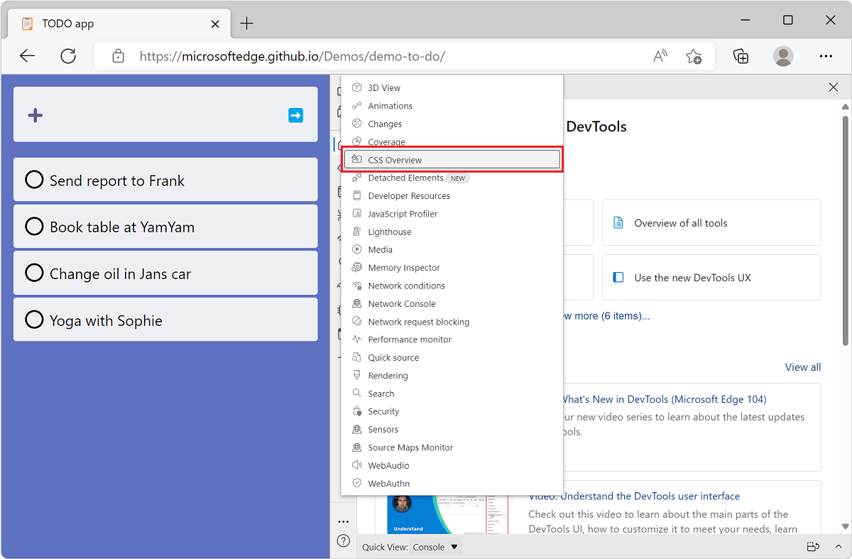 Microsoft Edge，旁边有待办事项列表演示应用和 DevTools，其中显示了“更多工具”按钮中的工具列表