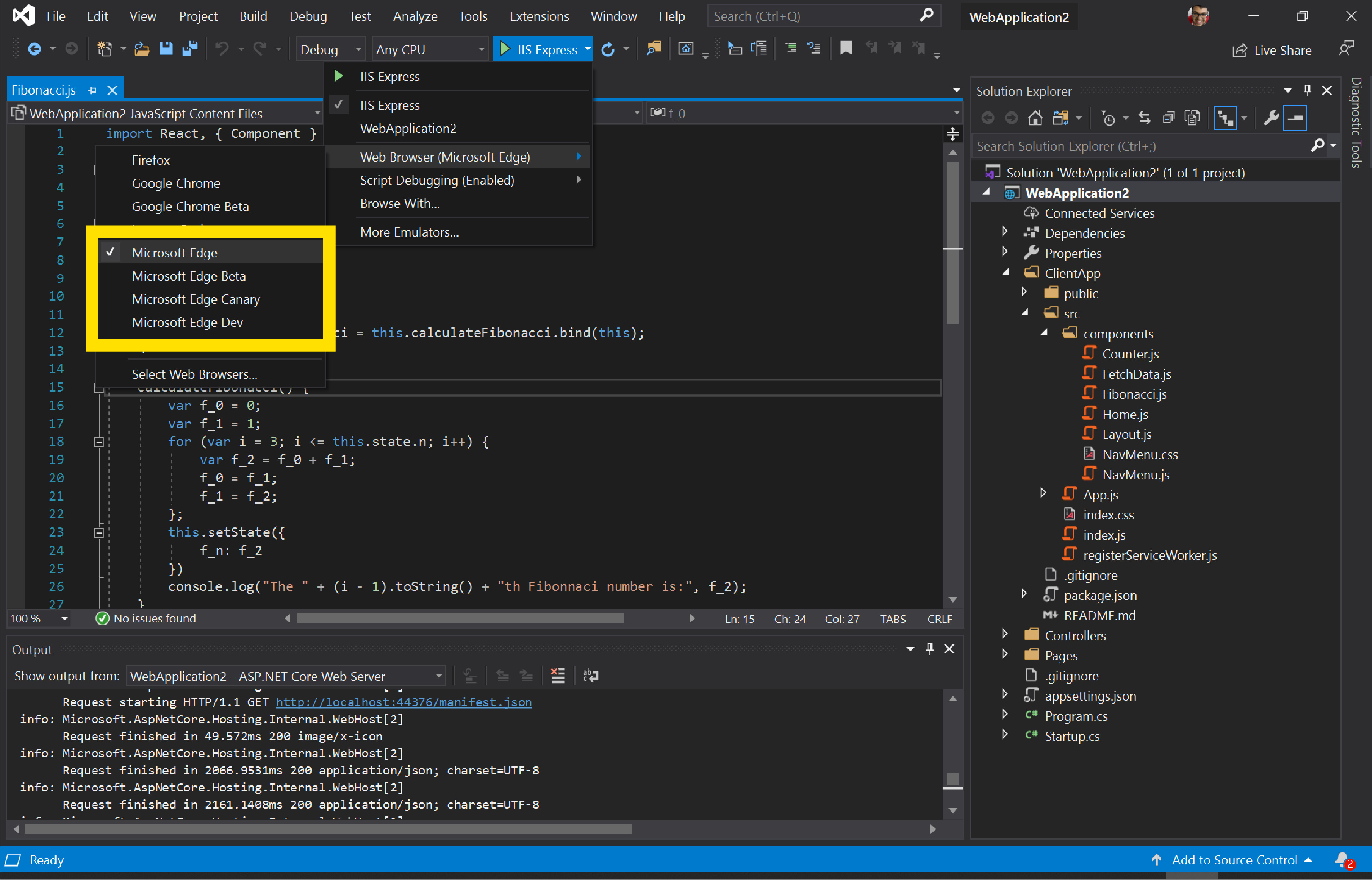 Visual Studio 具有在 Microsoft Edge Canary、Dev 或 Beta 中启动 Web 应用的选项