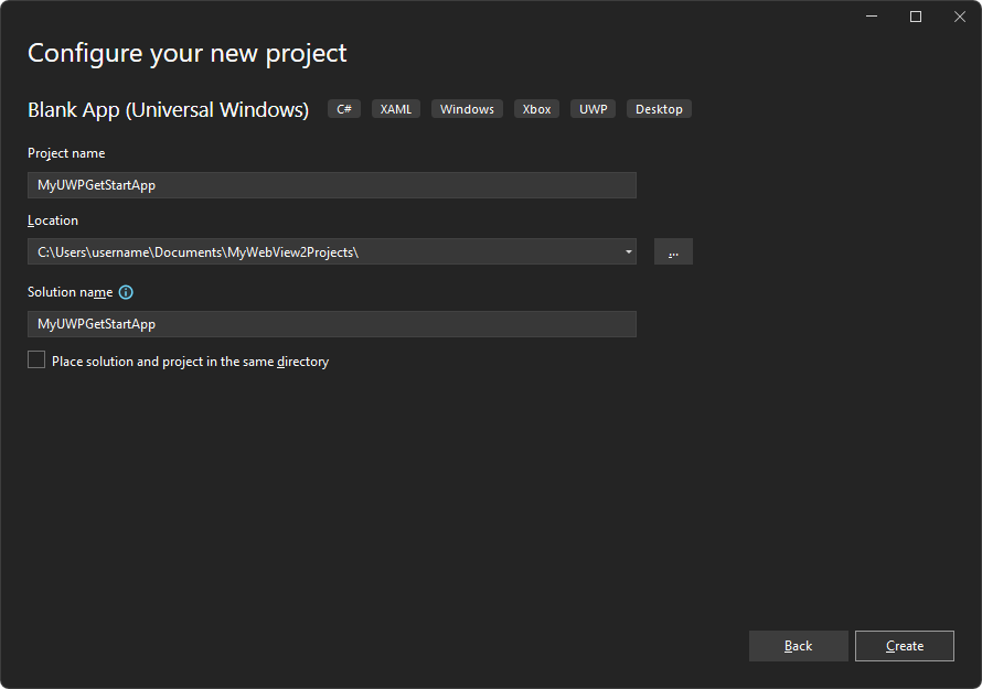 “配置新项目”对话框显示空白应用 (通用 Windows) 的文本框 