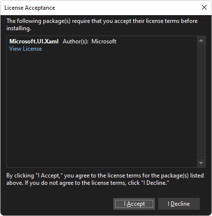 用于安装 Microsoft.UI.Xaml 包的“许可证接受”对话框