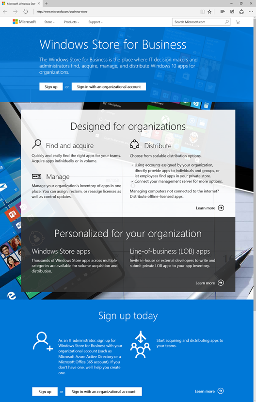 显示带有注册或登录邀请的“适用于企业的 Microsoft Store”页面的图像。