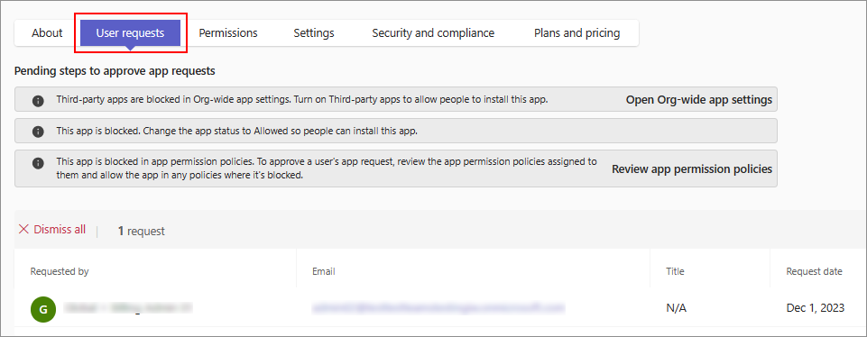 显示应用详细信息页中的“用户请求”选项卡的屏幕截图，以及允许应用所需的管理员操作。
