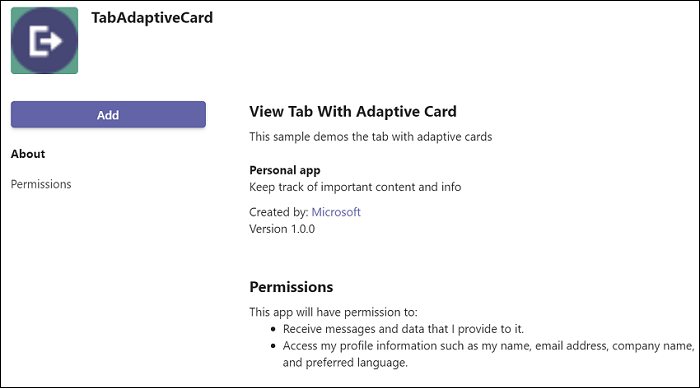 TabAdaptiveCard 的屏幕截图，其中突出显示了红色的“添加”选项。
