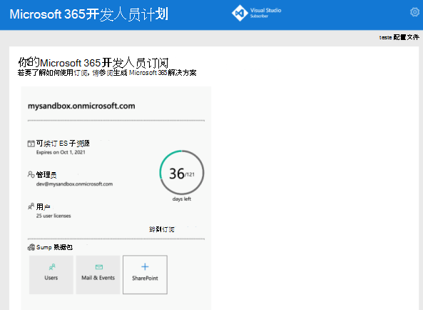 屏幕截图显示了注册 Microsoft 365 开发人员计划后看到的示例。