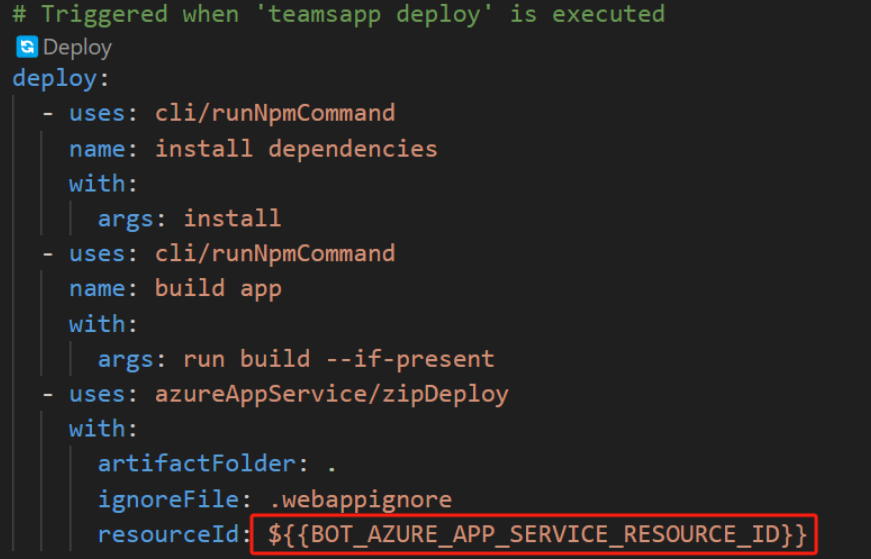 屏幕截图显示了 teamsapp.yml 文件中的机器人 Azure 应用服务资源 ID。