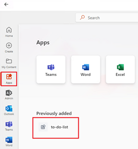 屏幕截图显示 Microsoft 365 桌面客户端侧栏上的“应用”选项，用于查看已安装的选项卡应用。