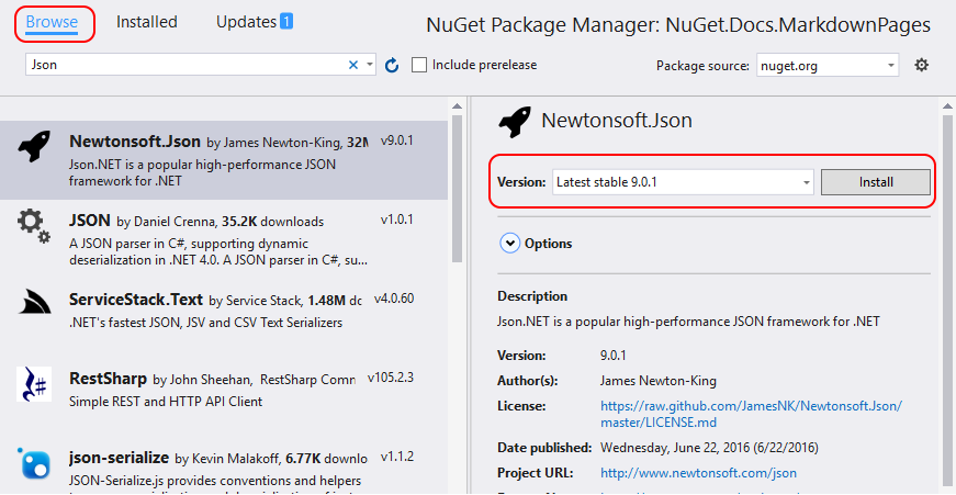 "Management NuGet package" dialog "Browse" tab