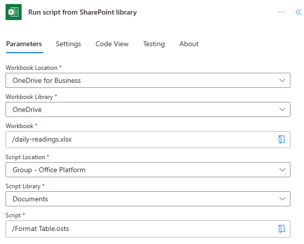 “从 SharePoint 库运行脚本”操作，其中包含显示工作簿位置为“OneDrive for Business”的已完成字段，工作簿库为“OneDrive”，工作簿为“daily-readings.xlsx”，脚本位置为“Group - Office Platform”，脚本库为“Documents”，脚本名为“Format Table”。
