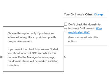 屏幕截图，用于选中“不为此域检查不正确的 DNS 记录检查框。