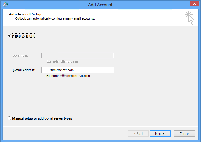 Screenshot of the Add Account window where you can select Next after Outlook your account information.