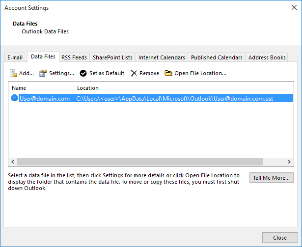 Outlook 中“帐户设置”中的“数据文件”选项卡的屏幕截图。