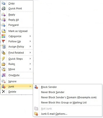 显示 Outlook 2010 垃圾邮件Email菜单的屏幕截图。