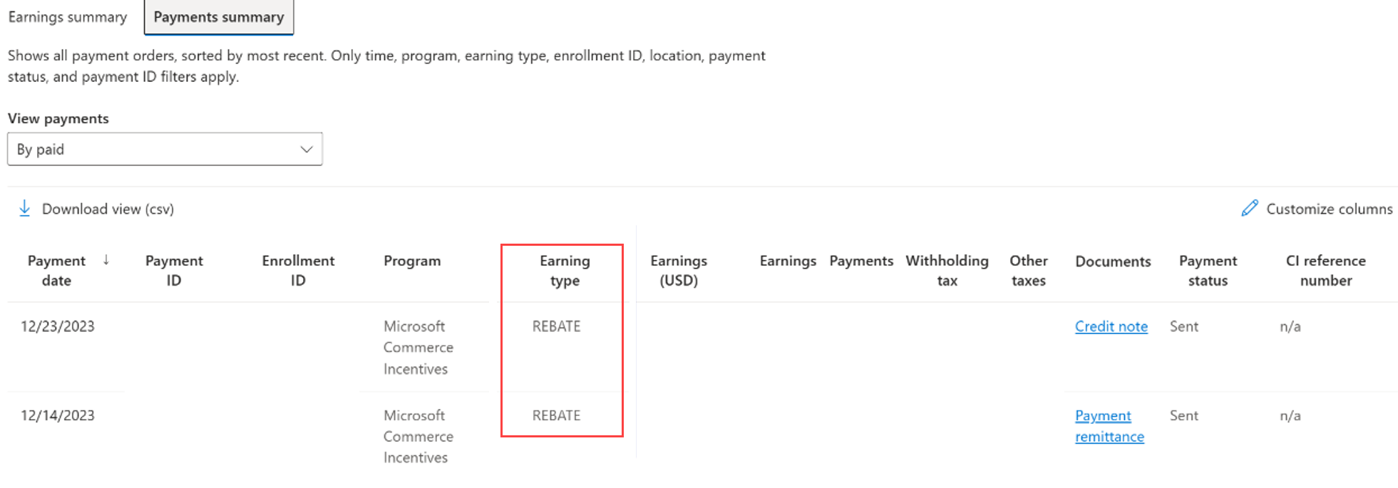 “收益”页的屏幕截图，位于“收益摘要”选项卡上。