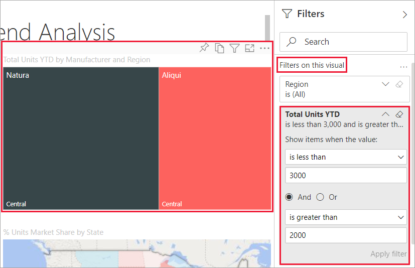 Screenshot of a report and its filters that shows treemap visual selected.