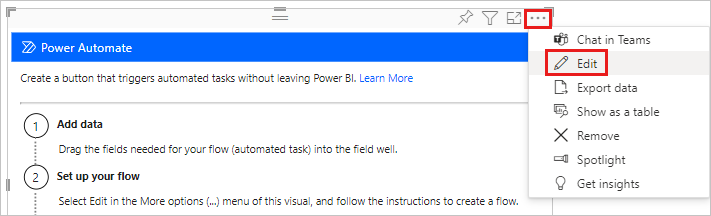 屏幕截图显示在 Power Automate 视觉对象中选择了“编辑”。