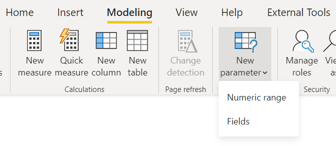 “建模”功能区的屏幕截图，其中显示了“新建参数”下拉列表下的选项。