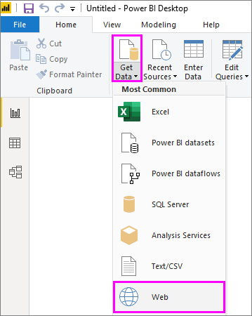 Screenshot of Power BI Desktop, highlighting the Web selection under the Get Data dropdown menu.