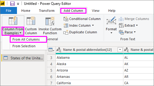 Screenshot of Power Query Editor, highlighting Add Column, Column From Examples, and From All Columns.