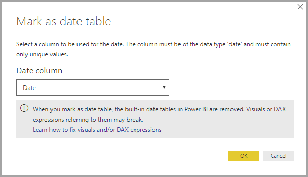 Screenshot of Power BI Desktop showing the Mark as date table dialog box with an important note.
