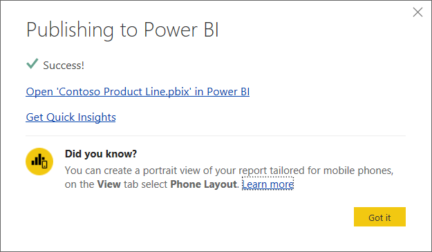 “成功发布到 Power BI”对话框的屏幕截图。