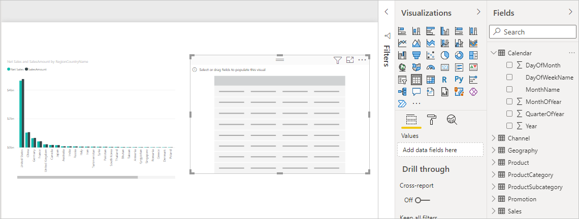 新建空白表可视化效果的屏幕截图。