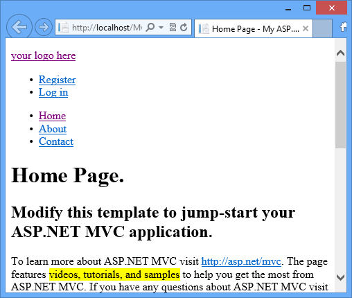 MVC project template home page with CSS missing
