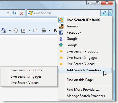 显示搜索提供程序和搜索选项的“添加搜索提供程序”菜单。