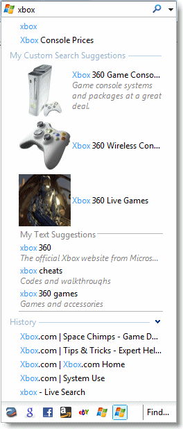 Xbox 视觉和文本搜索建议。