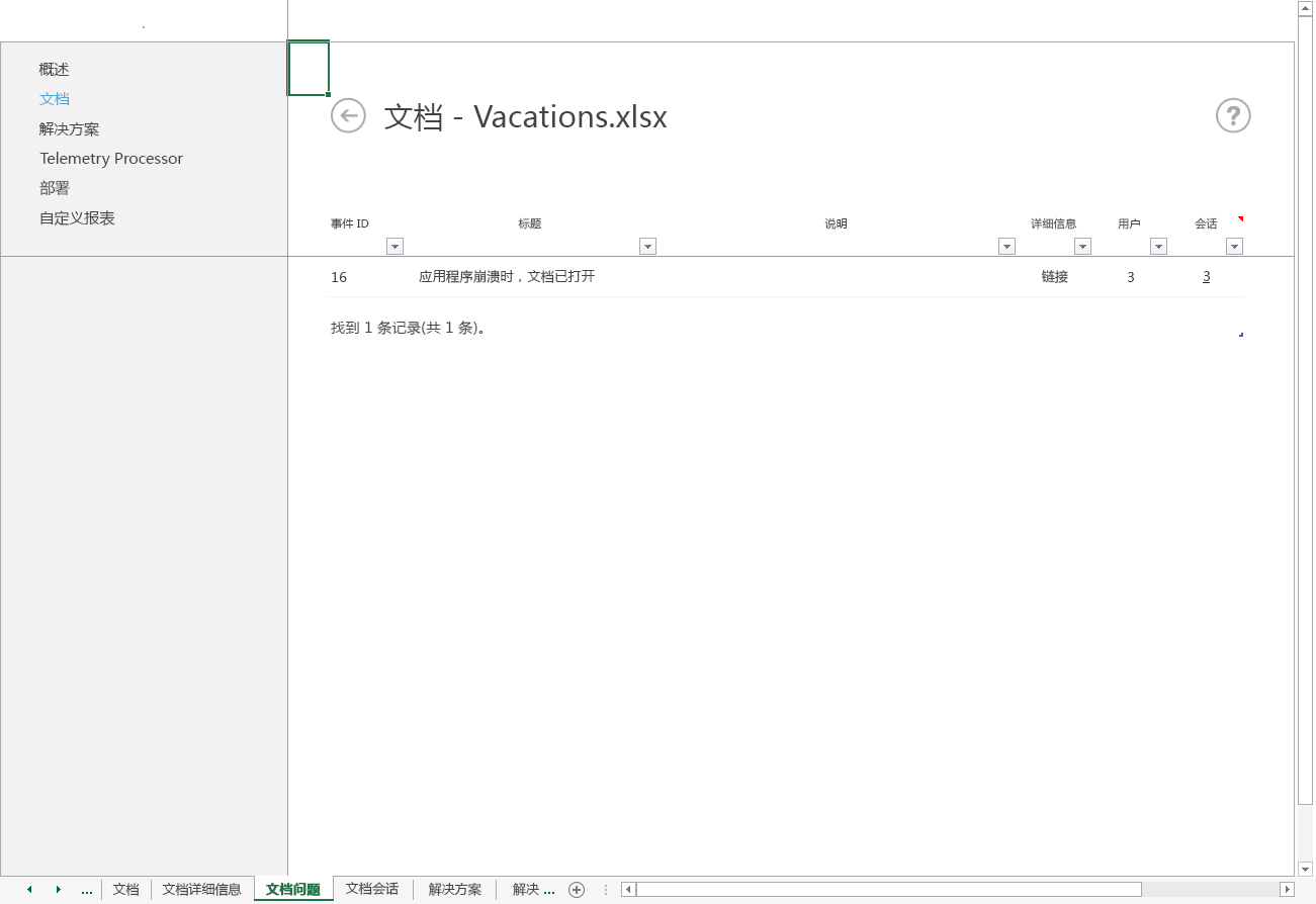 来自 Office 遥测仪表板的“文档问题”工作表的屏幕截图。