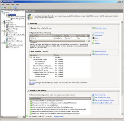 图 2 显示文件服务角色的服务器管理器控制台