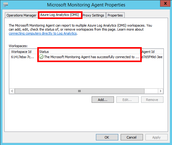 “Microsoft Monitoring Agent 属性”窗口，其中显示突出显示的“Azure Log Analytics”选项卡和成功连接。