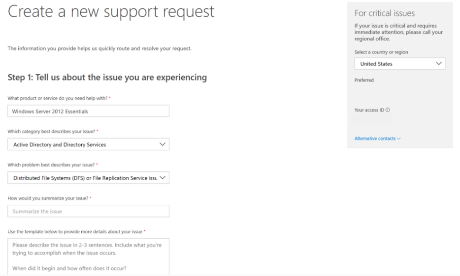 “新建支持请求”页，其中显示帮助用户新建支持请求的字段和下拉框。