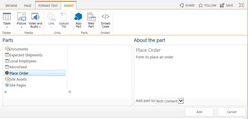SharePoint 的 Web 部件插入控件，其中已选择“下订单”部件，并在右侧框中显示名称和说明。