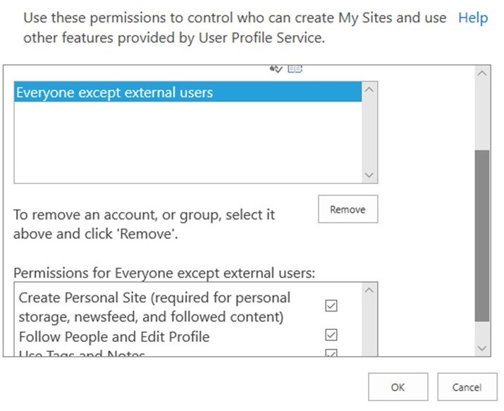 “创建个人网站”权限对话框中“除外部用户以外的所有人”权限组和“创建个人网站”选项的屏幕截图。