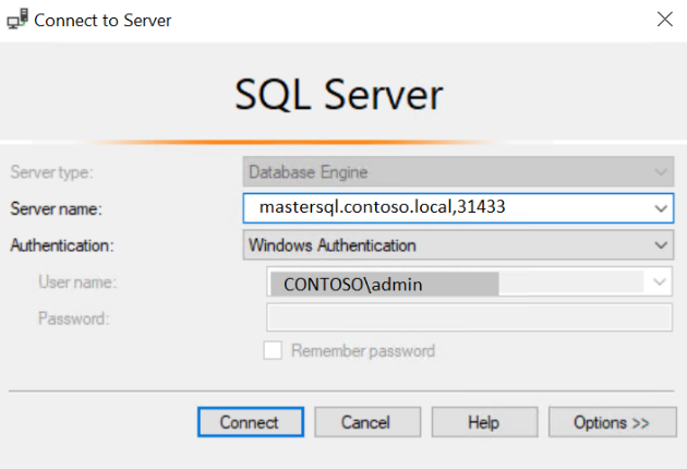 SSMS 中的“连接到 SQL Server”对话框